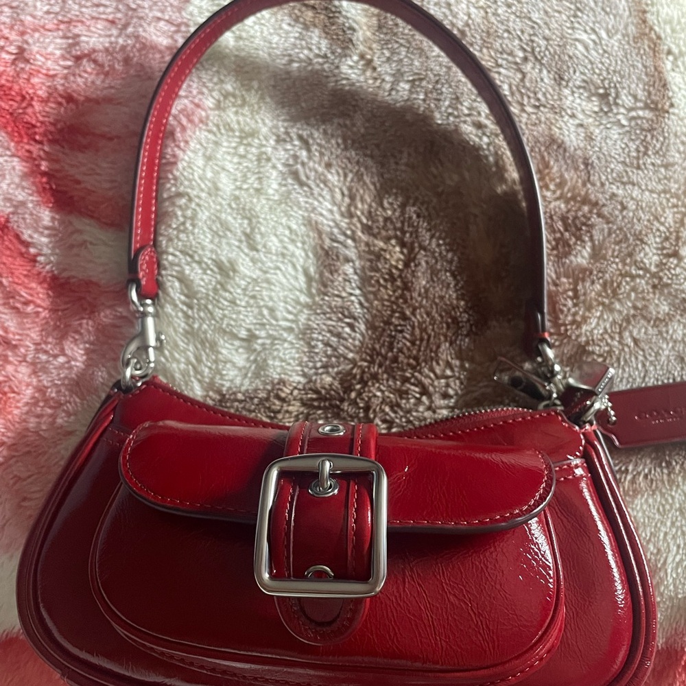 Coach Red Patent Leather Shoulder Bag with Buckle